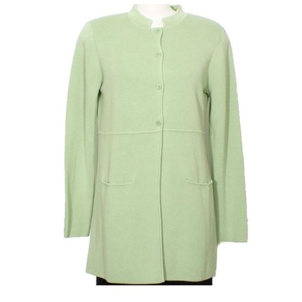 EILEEN FISHER Size L Light Hemlock Green Silk Cotton Knit Long Cardigan Shacket